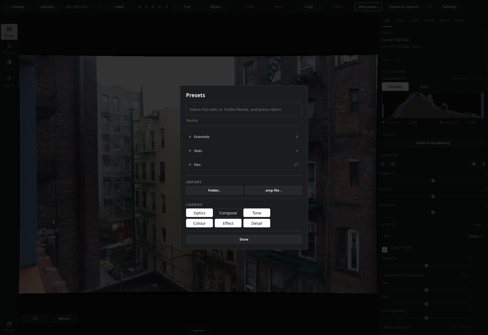 The presets sheet: a name for the current edit, the shipped Essentials, importing, and what an apply carries