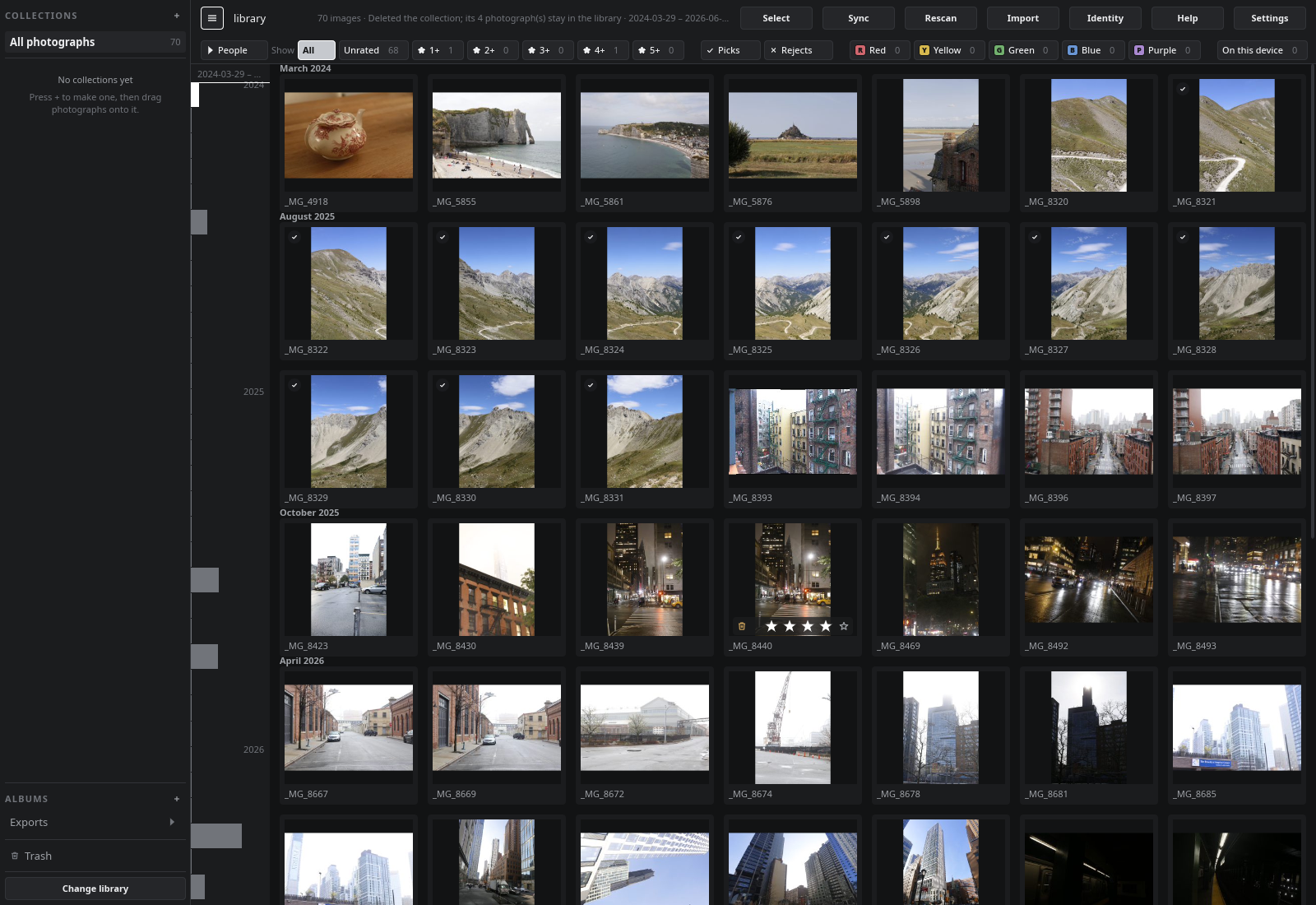 The library: seventy frames, the timeline beside them, the filter bar above