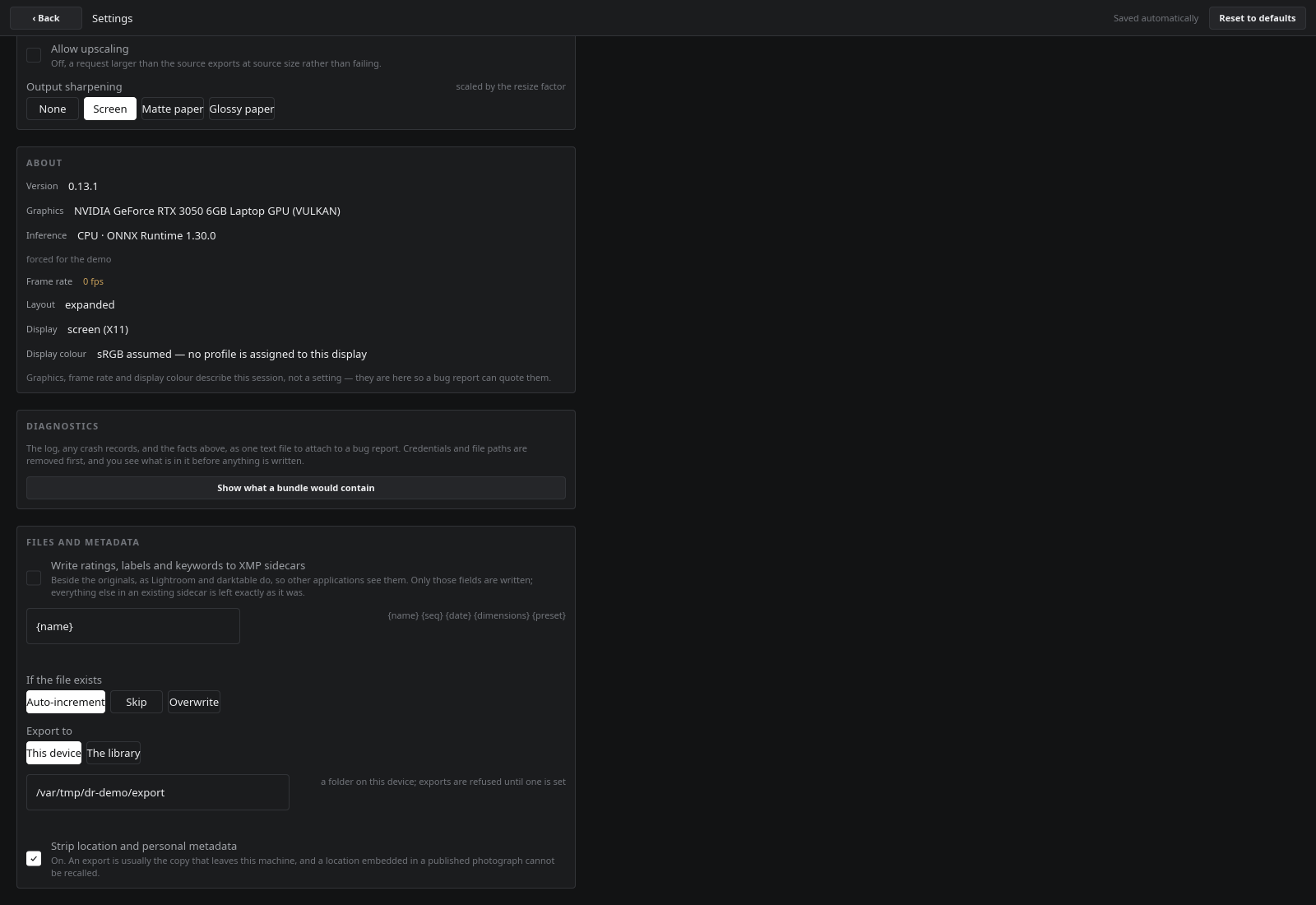 Export defaults in Settings