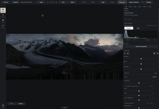 A 22 927 × 8966 panorama of a glacier at dusk: zoomed from the whole frame into the peaks, panned along the ridge and back out, then 1:1 on the peaks with a double-click