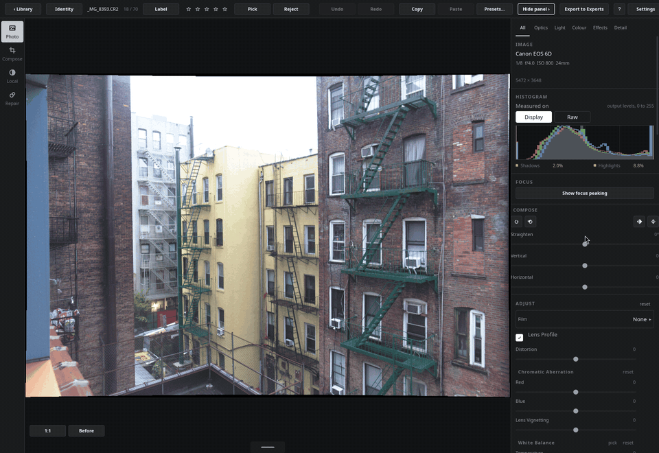 Switching between the Optics, Light, Colour, Effects and Detail groups