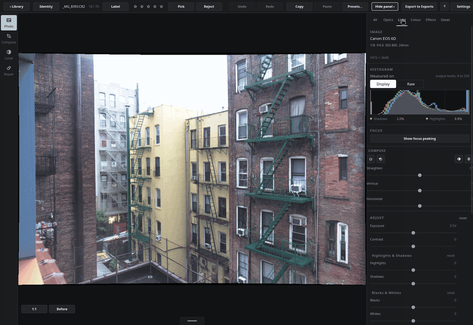 Raising exposure, pulling the highlights, lifting the shadows, then holding Before