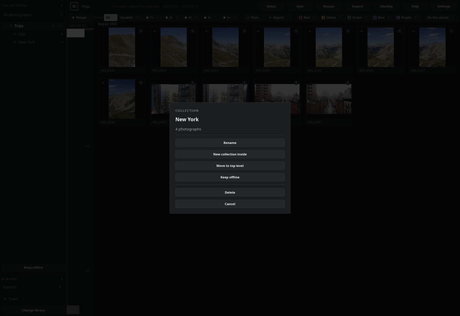 The menu on a collection