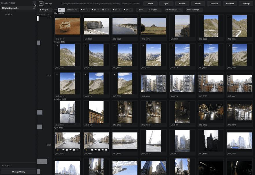 Filing photographs in a collection by dragging them onto it