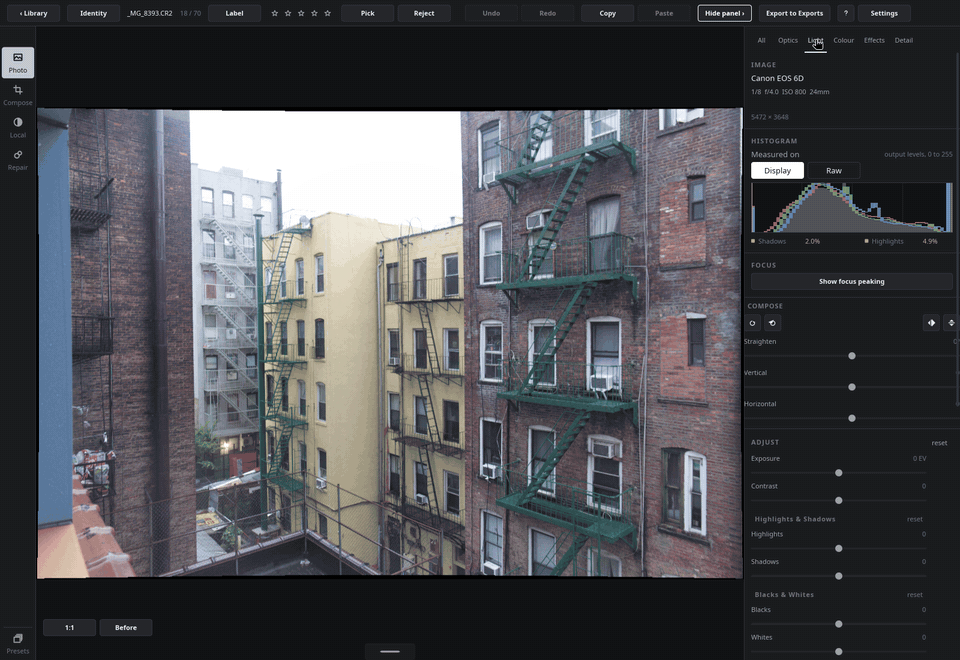 Raising exposure, pulling the highlights, lifting the shadows, then holding Before