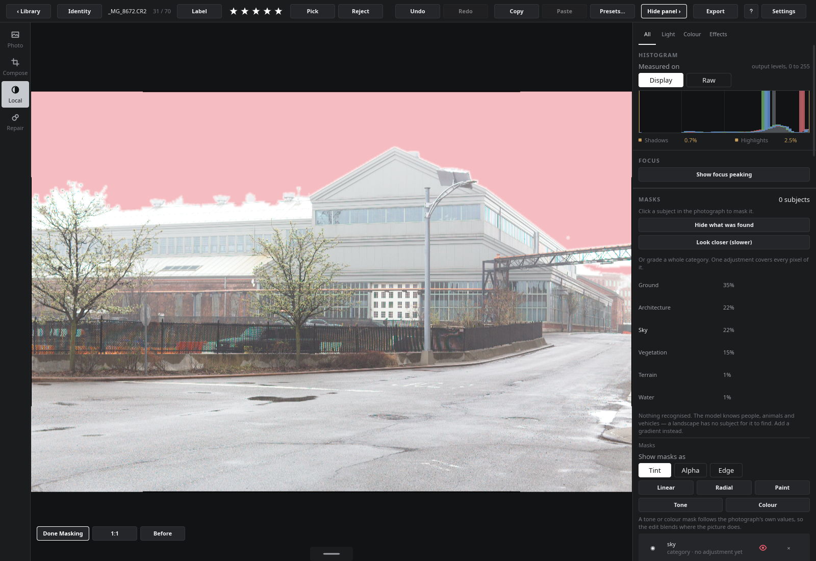 The sky chosen: tinted on the photograph, and the column now scoped to it