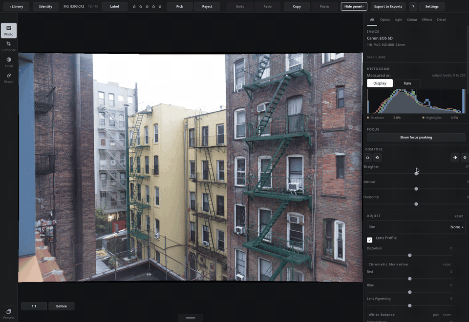 Opening the film list, scrolling it, choosing Velvia, then holding Before