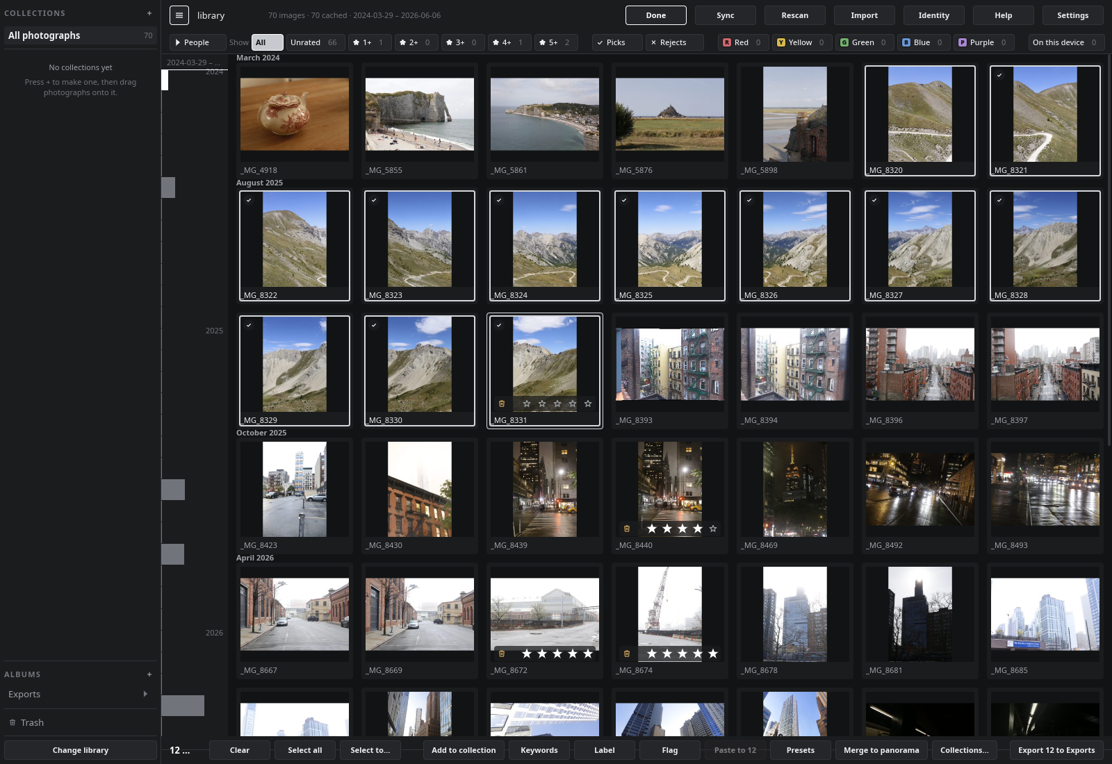 Twelve photographs selected, with the selection bar along the foot of the grid