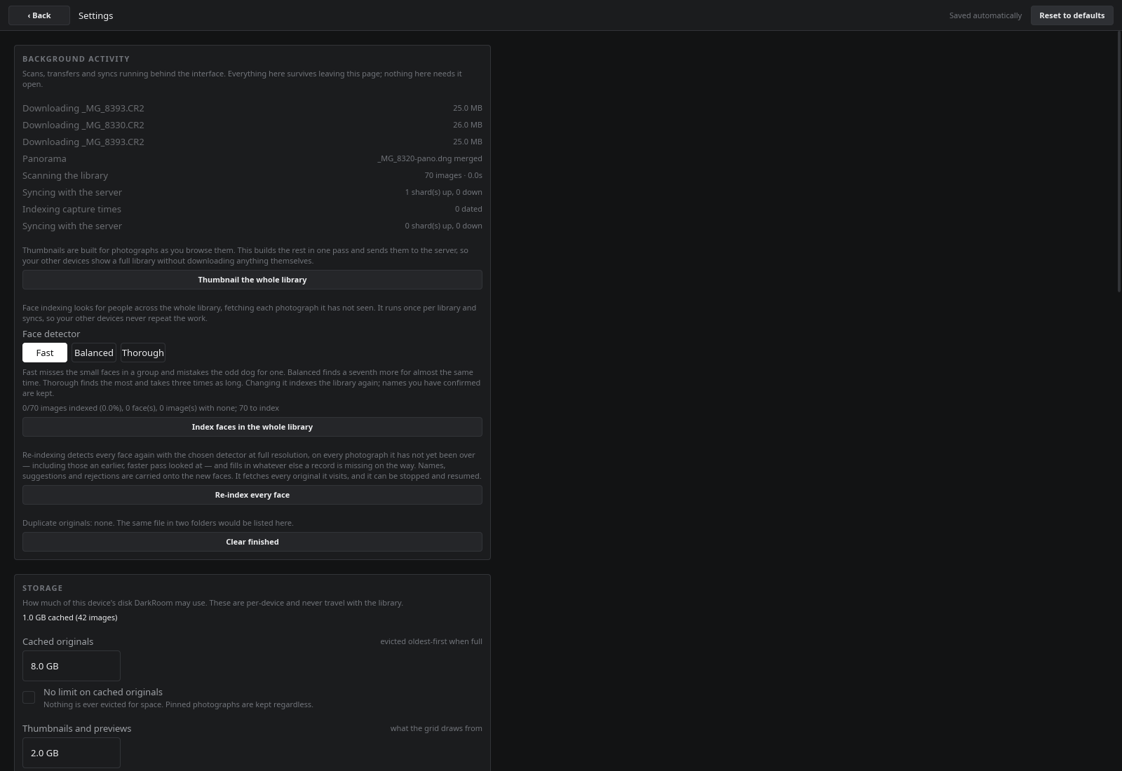 The settings page: background activity, indexing, storage, display