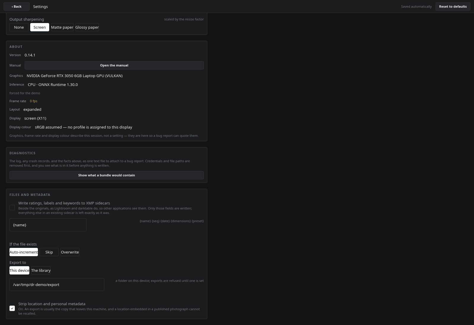 Export defaults in Settings
