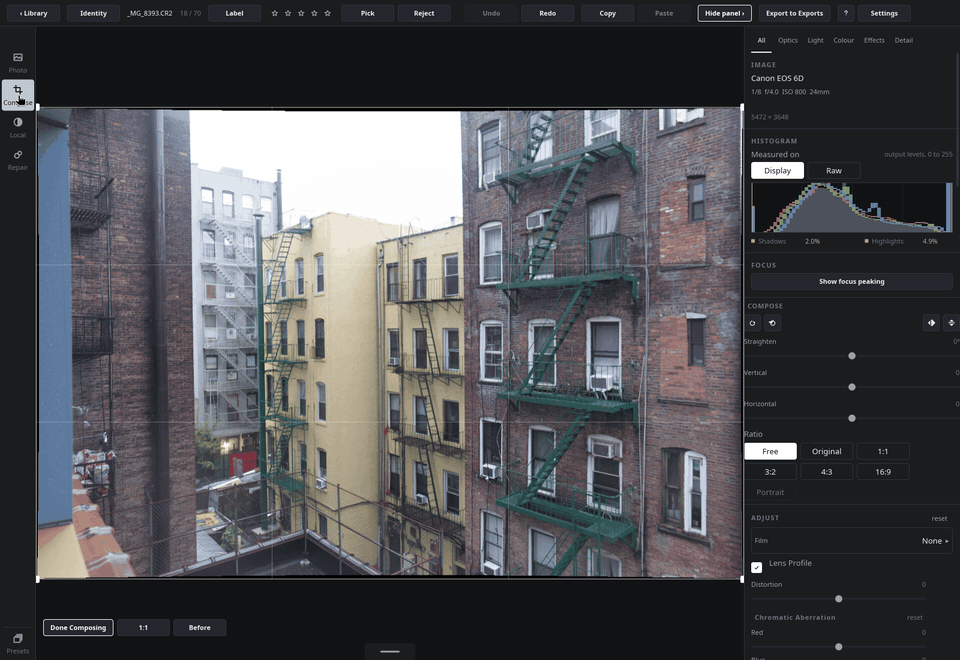 Cropping, straightening and choosing a ratio