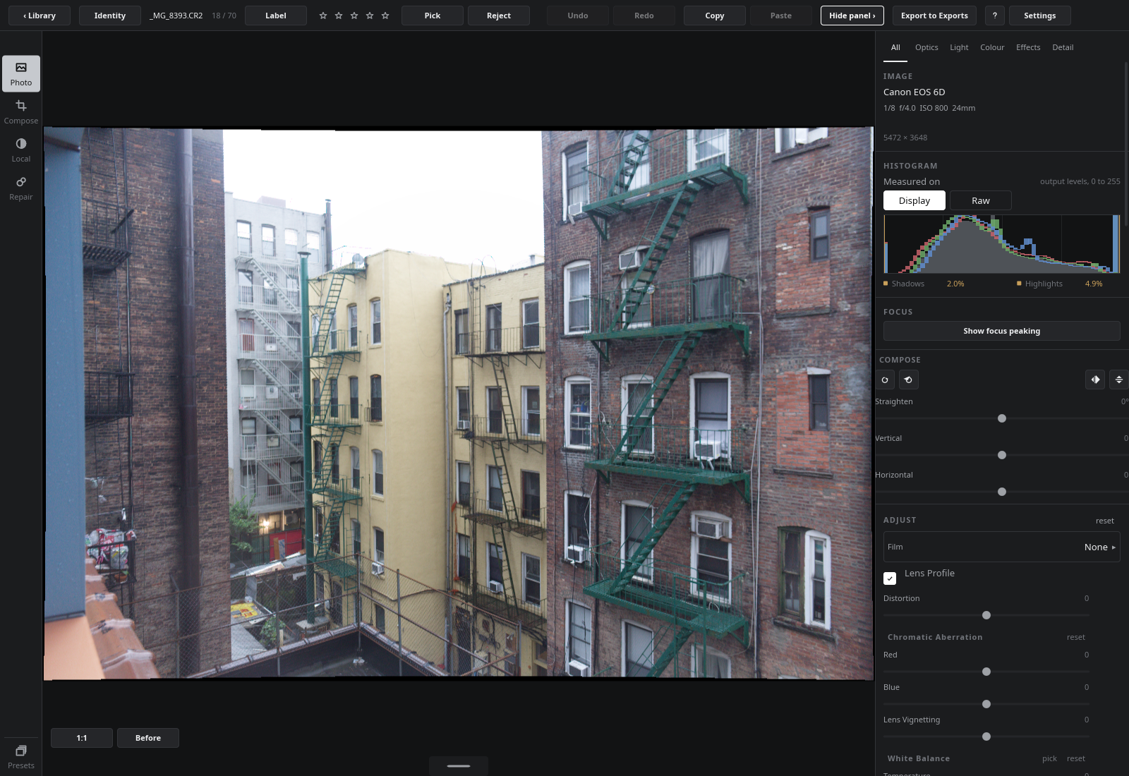 The develop view: the photograph, the histogram, and the adjustment column
