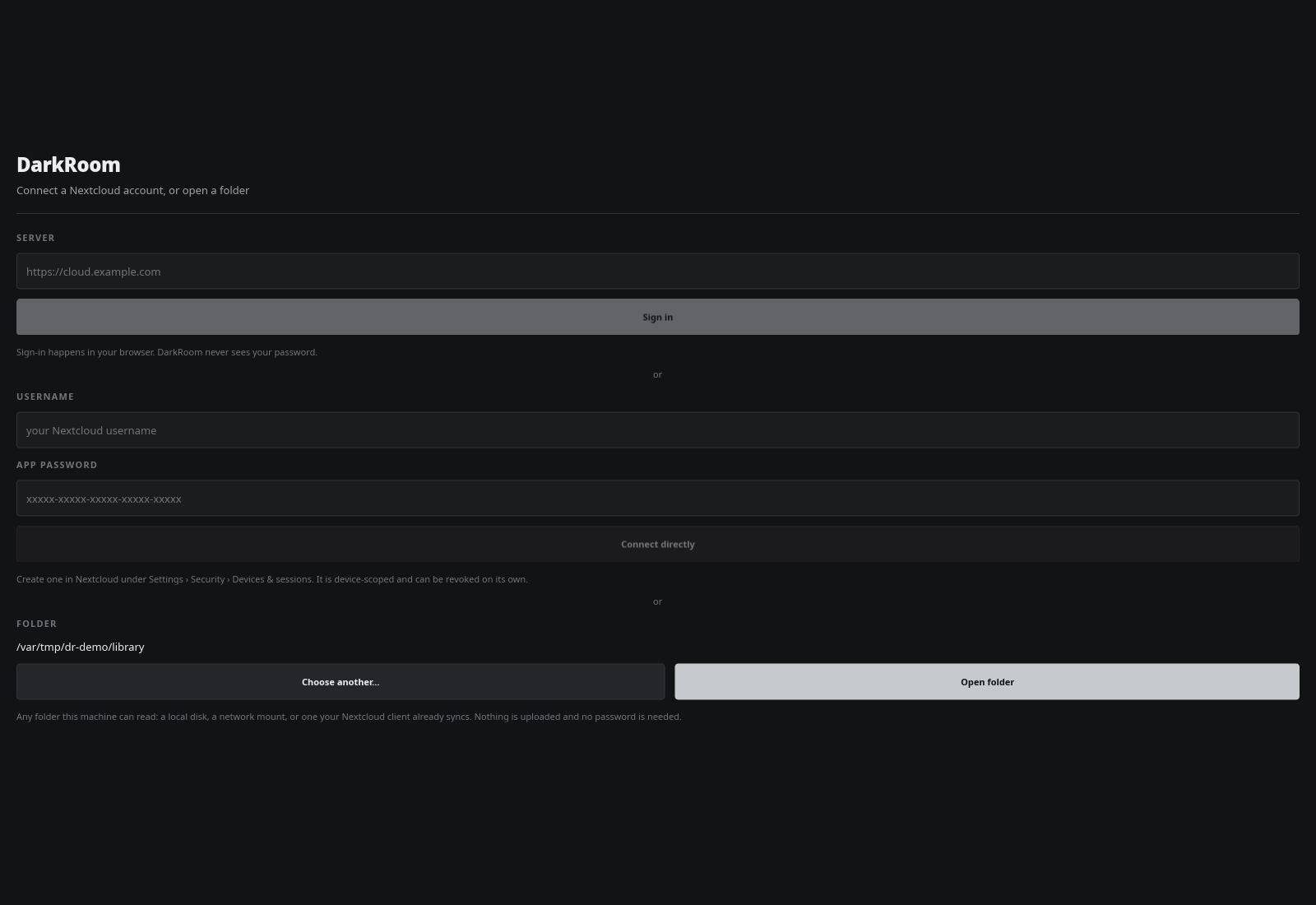 The launch screen: a Nextcloud server or an app password, or the folder used last with Open folder beside it
