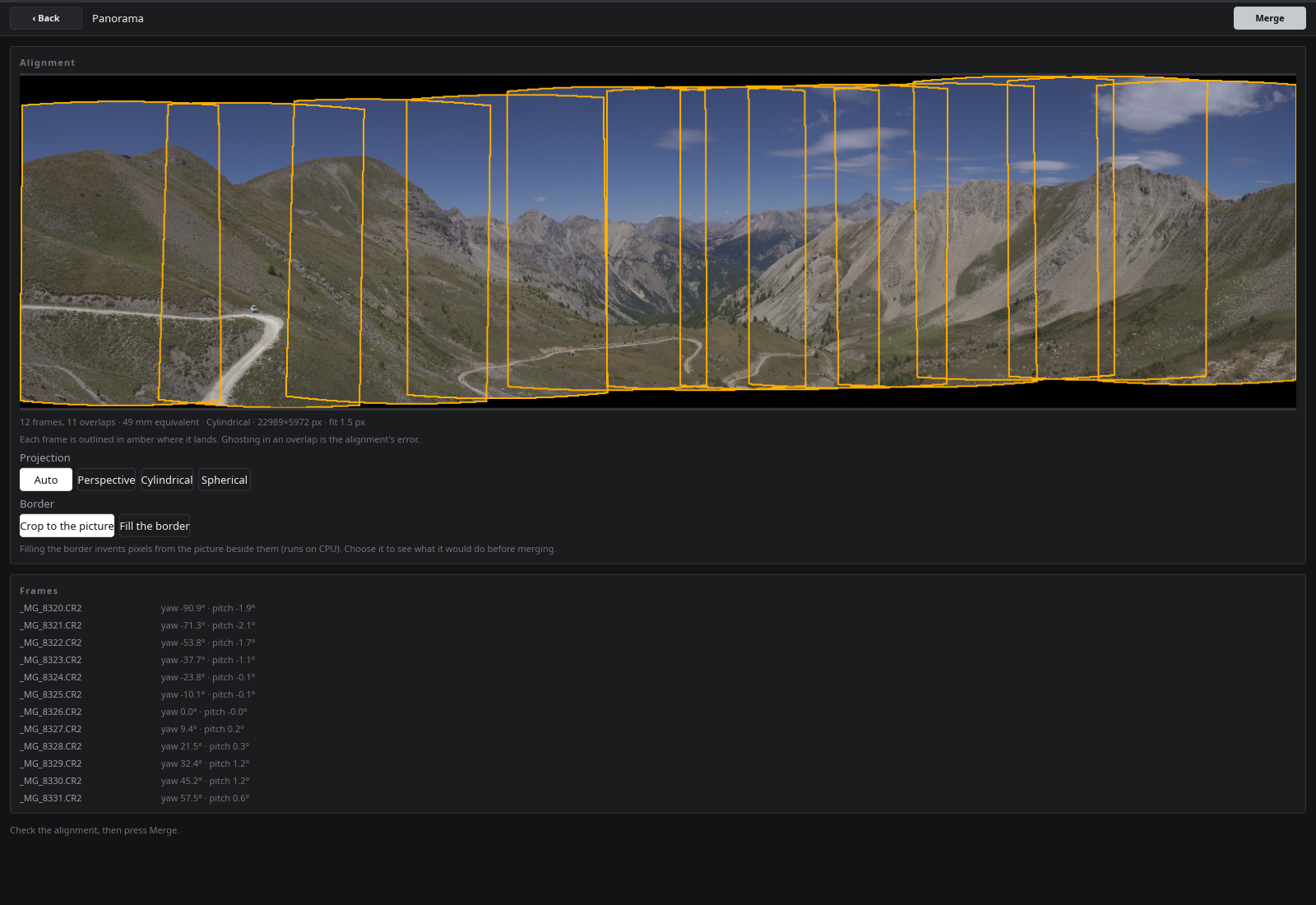 The alignment on a cylinder, each frame outlined where it landed