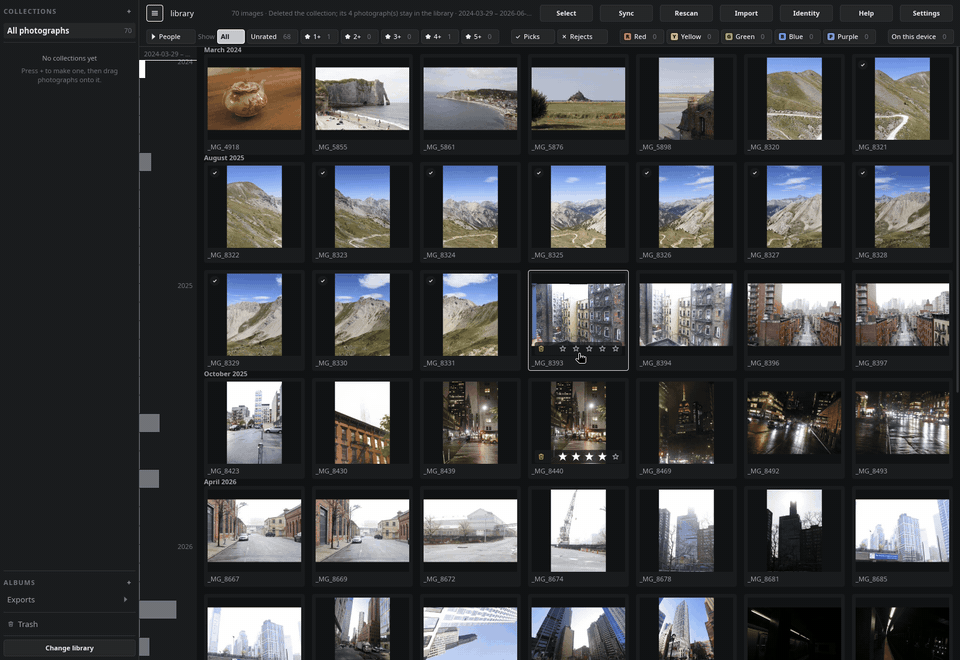 Rating two photographs, then filtering the grid to three stars and more
