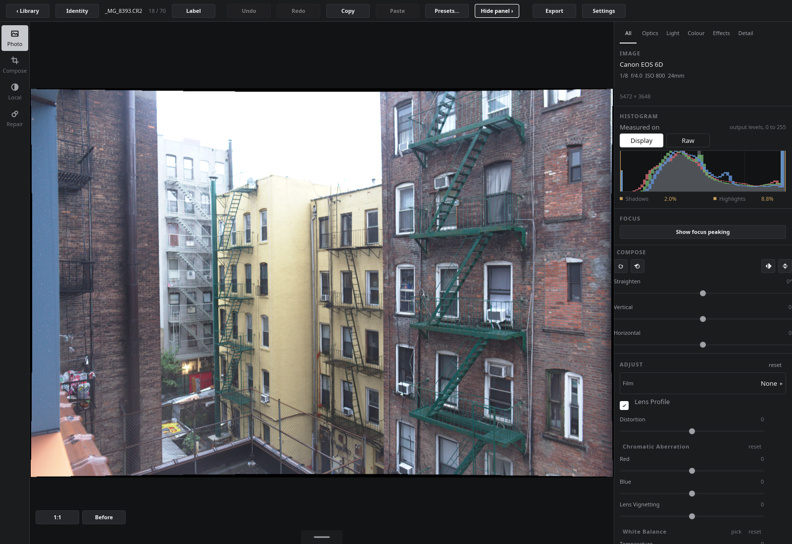 The develop view: the photograph, the histogram, and the adjustment column