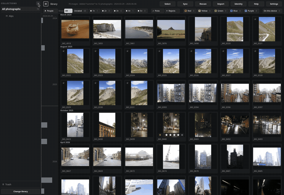 Filing photographs in a collection by dragging them onto it