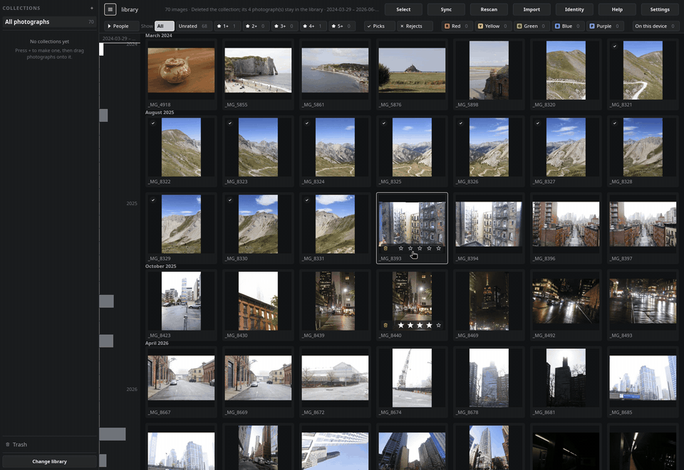Rating two photographs, then filtering the grid to three stars and more