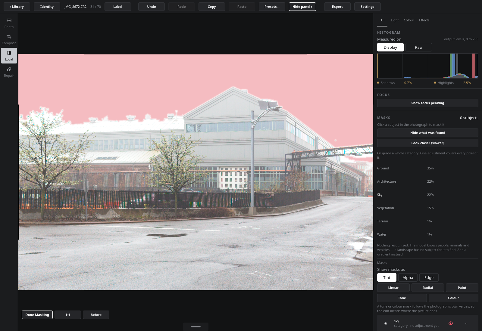 The sky chosen: tinted on the photograph, and the column now scoped to it