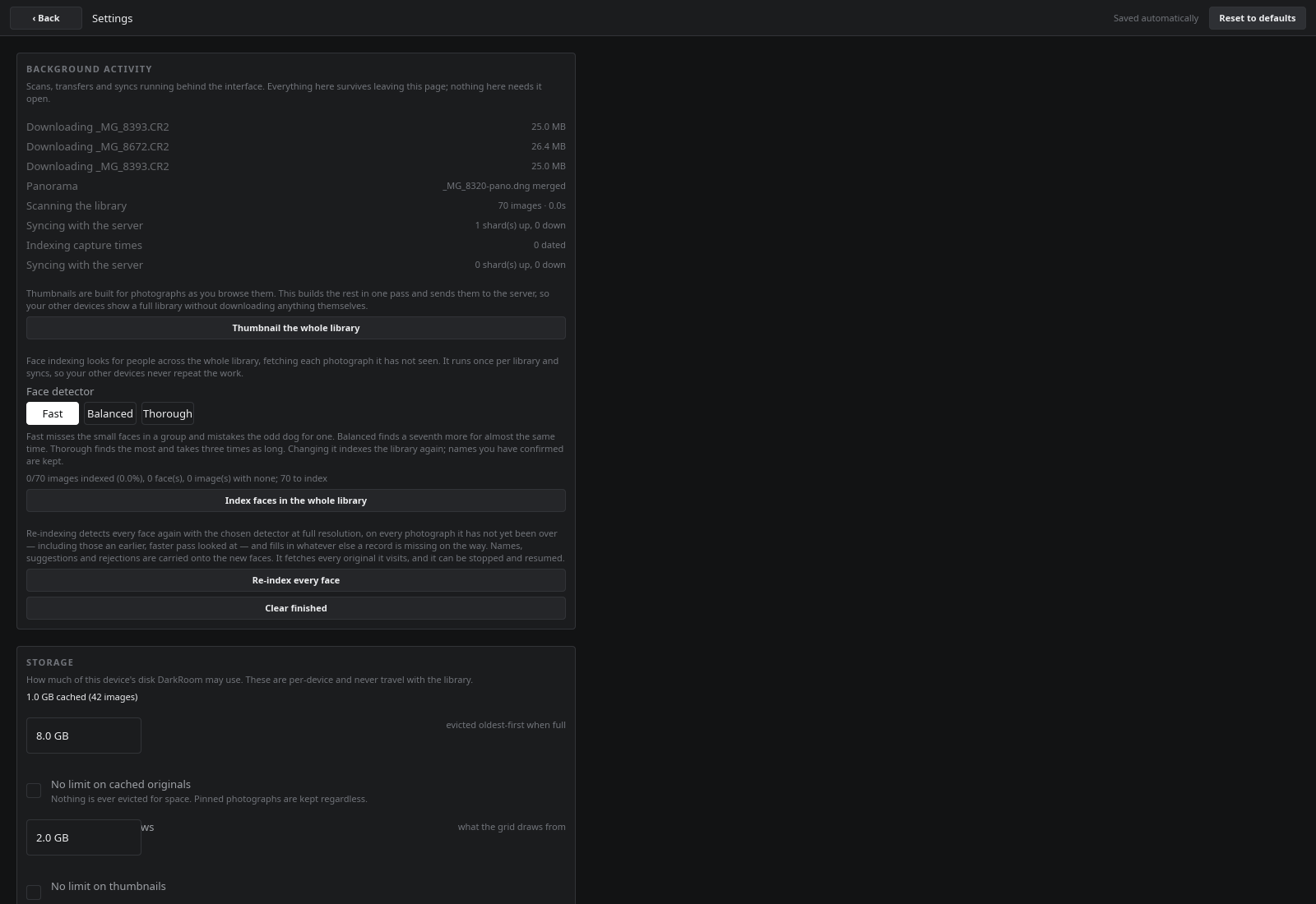 The settings page: background activity, indexing, storage, display