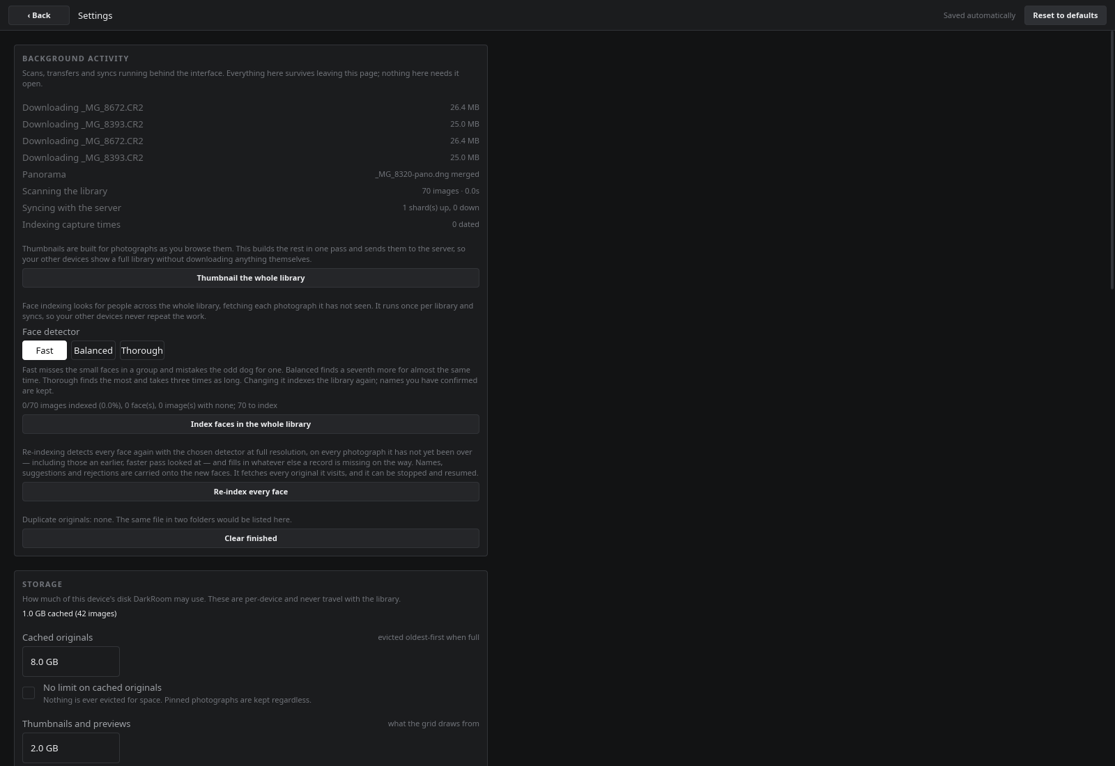The settings page: background activity, indexing, storage, display