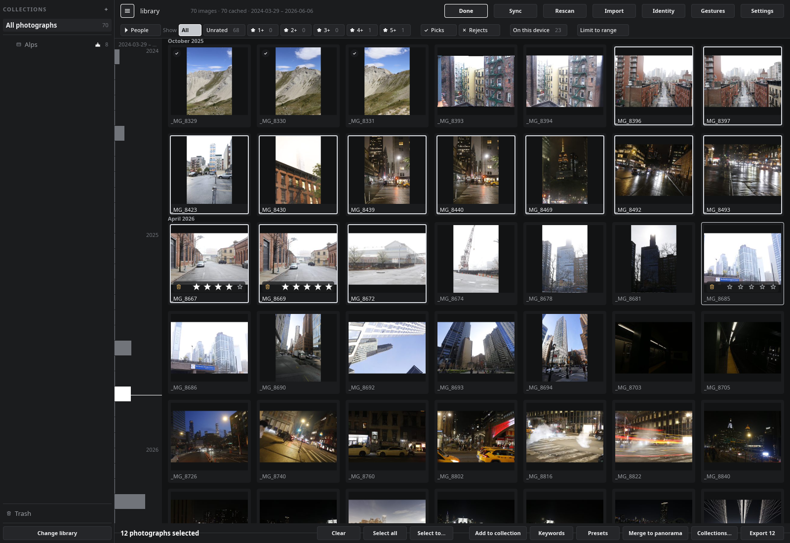 Twelve photographs selected, with the selection bar along the foot of the grid