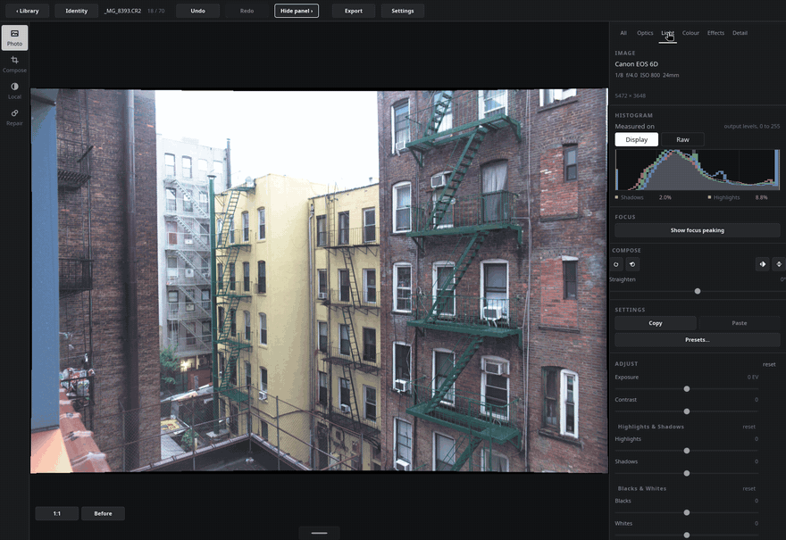 Raising exposure, pulling the highlights, lifting the shadows, then holding Before