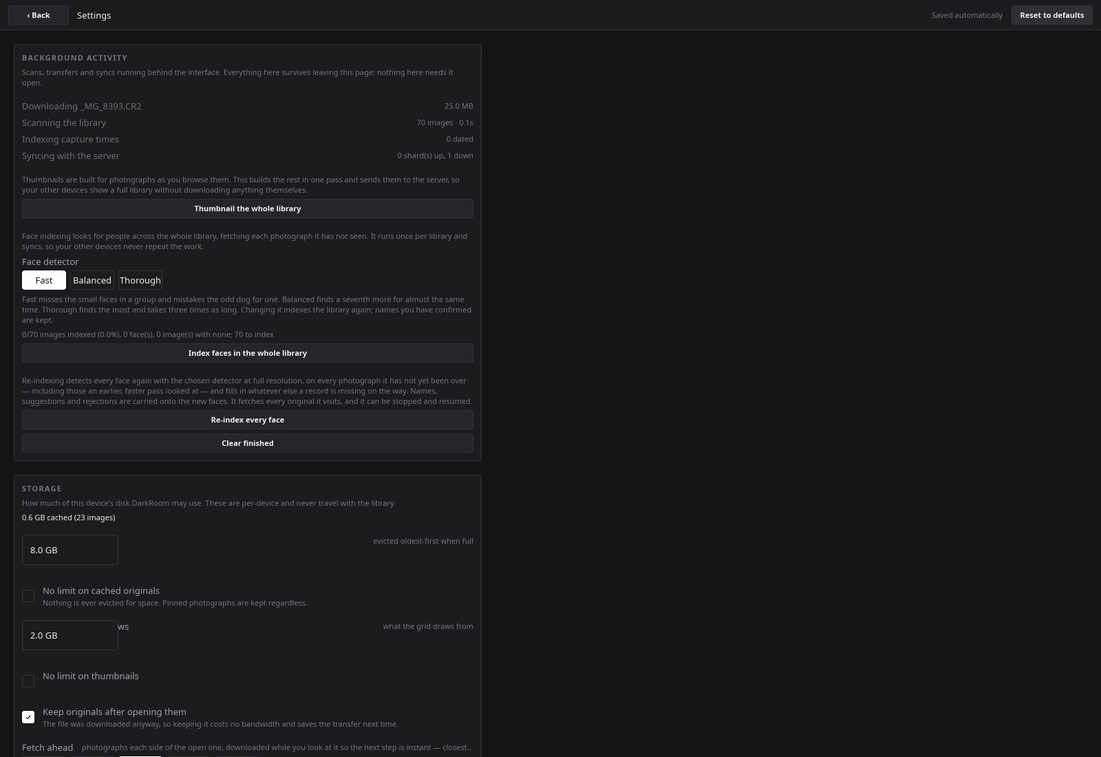 The settings page: background activity, indexing, storage, display