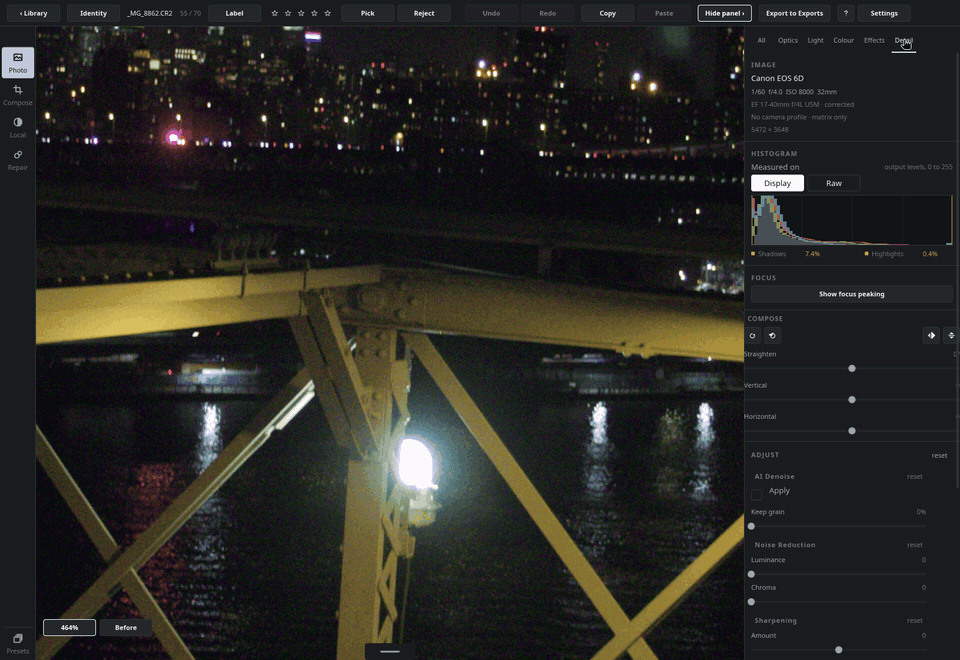An ISO 8000 night frame at 1:1, AI Denoise switched on, then some grain kept