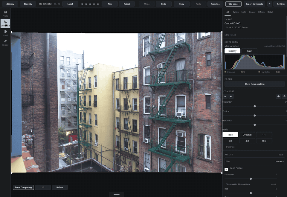 Cropping, straightening and choosing a ratio