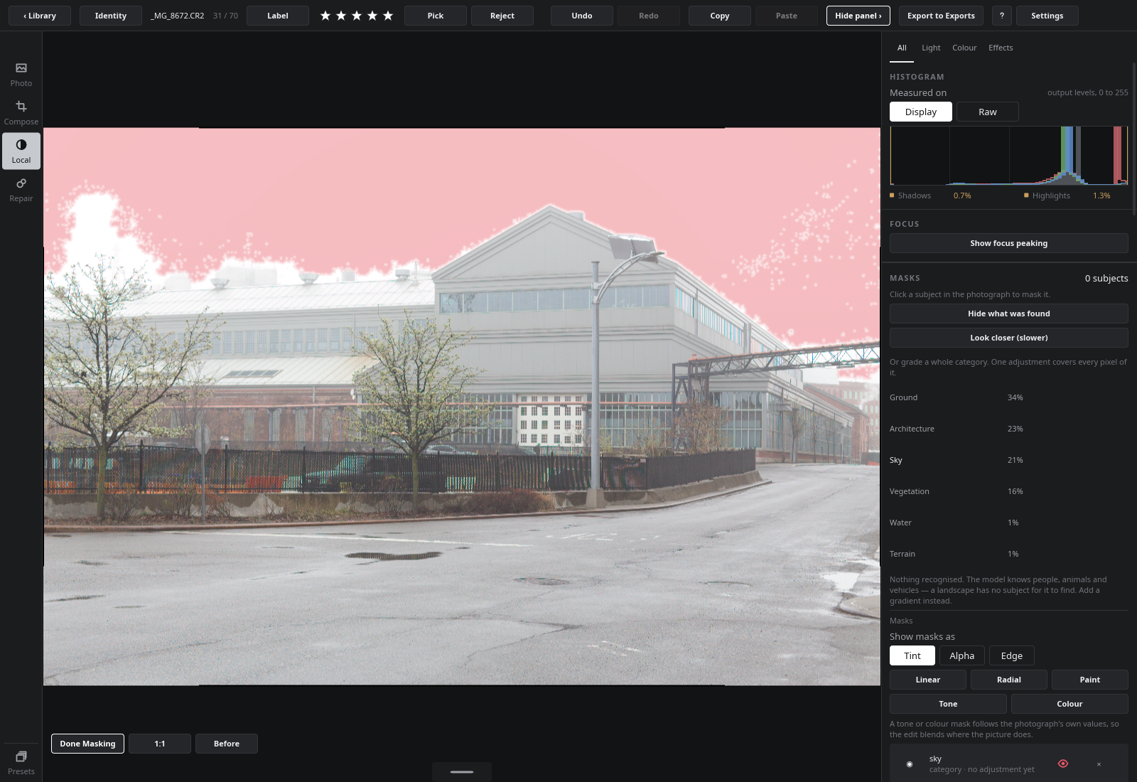Segmenting an urban scene and choosing the sky as a mask