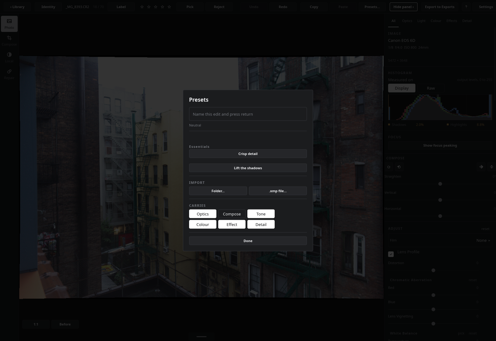 The presets sheet: a name for the current edit, the shipped Essentials, importing, and what an apply carries