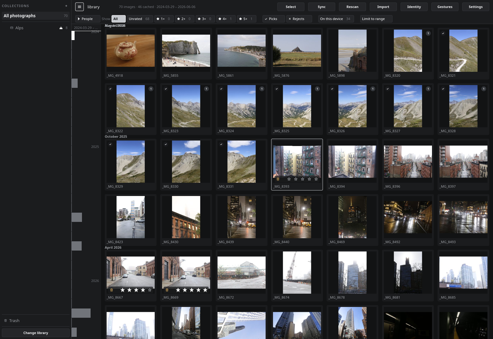 The library: seventy frames, the timeline beside them, the filter bar above