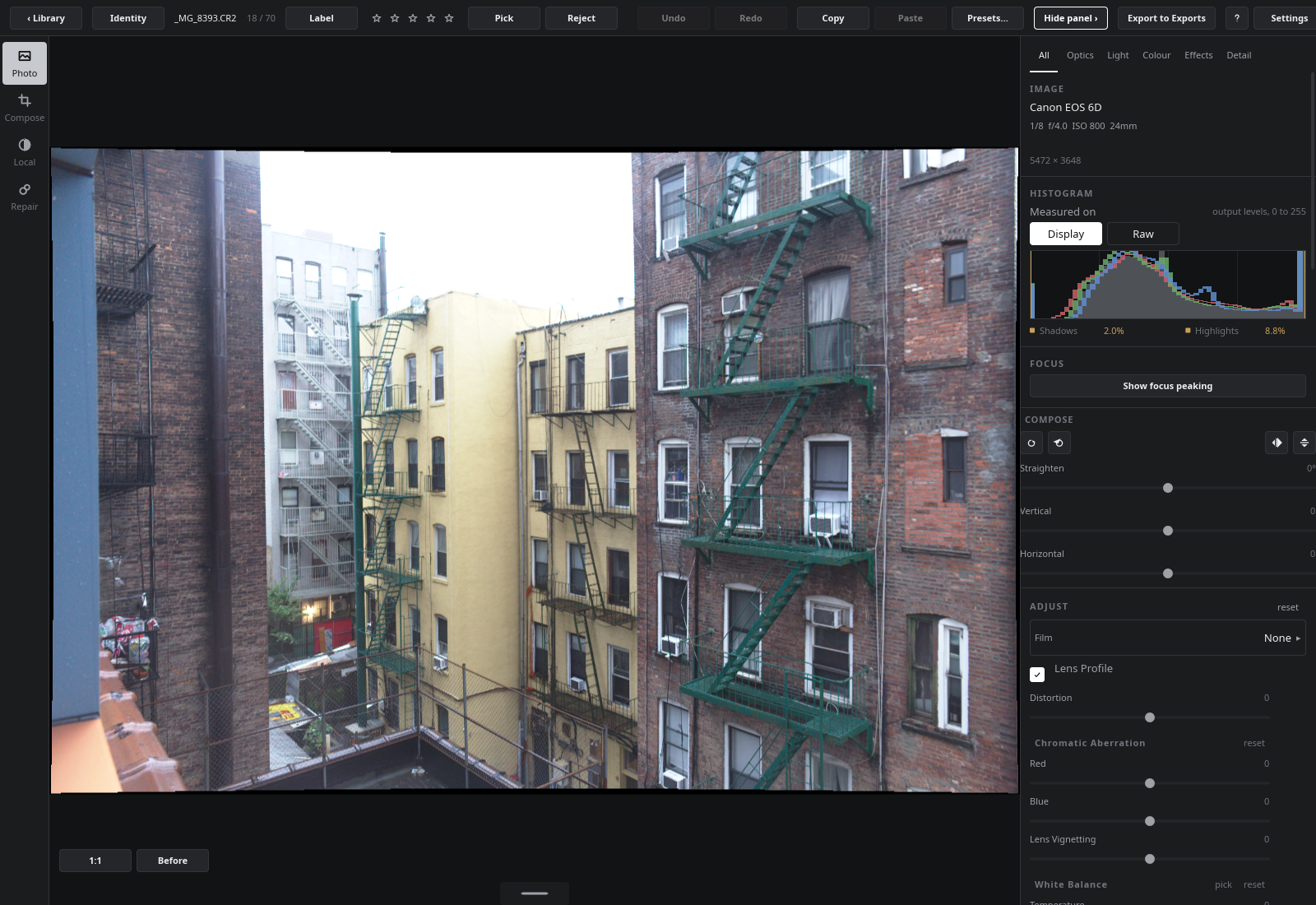 The develop view: the photograph, the histogram, and the adjustment column