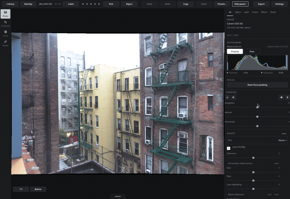 Switching between the Optics, Light, Colour, Effects and Detail groups