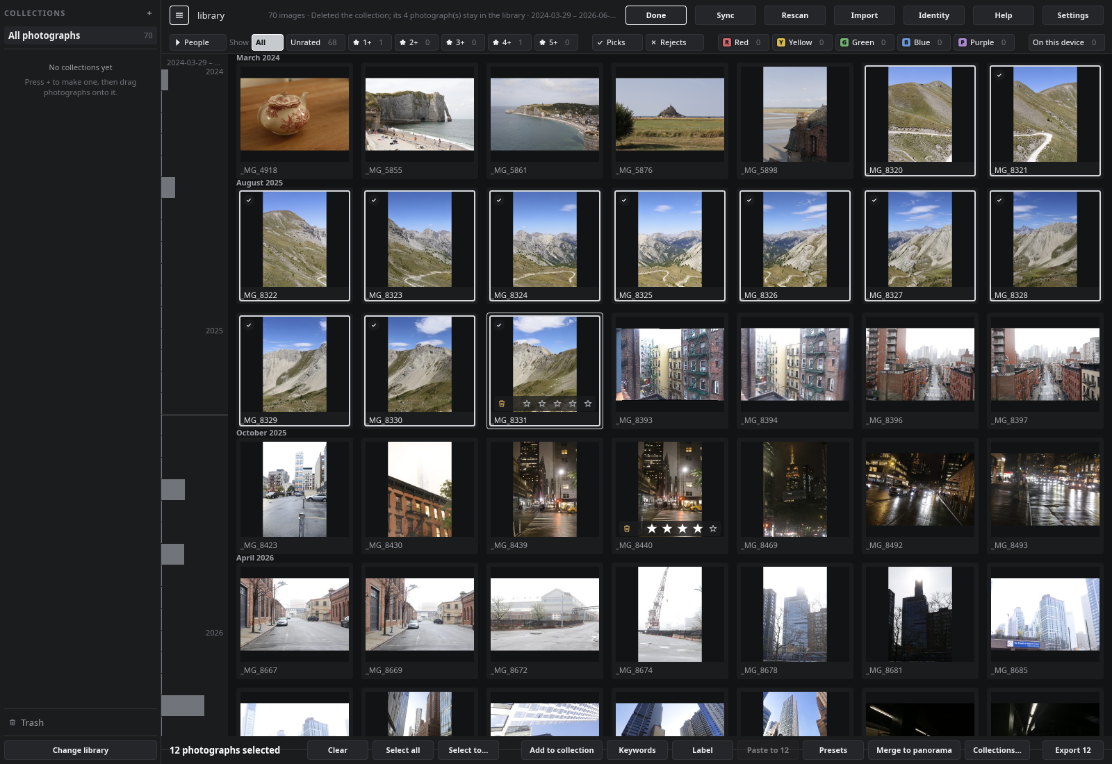 Twelve photographs selected, with the selection bar along the foot of the grid