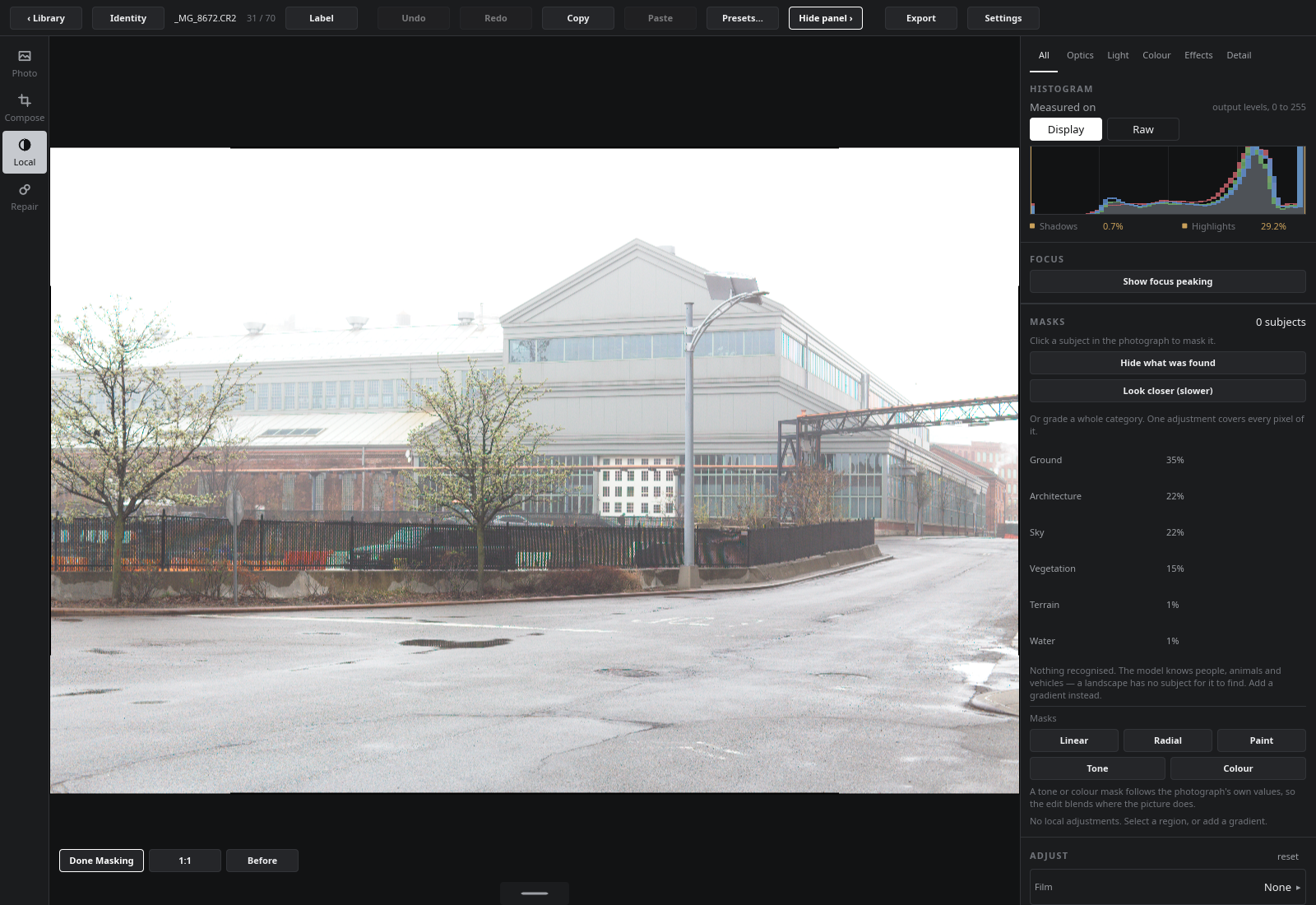 What the model found in an urban scene: ground, architecture, sky, vegetation