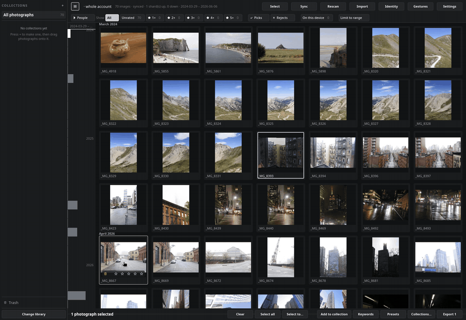 Rating two photographs, then filtering the grid to three stars and more