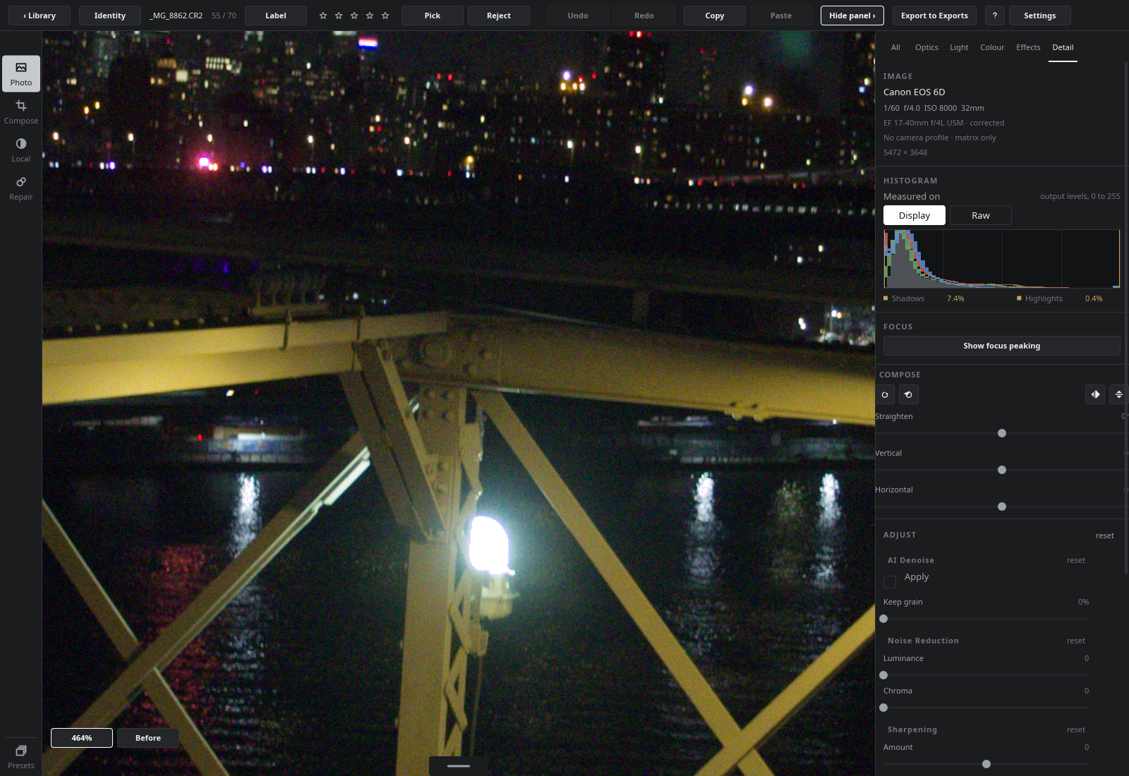 The railing and the lamp at ISO 8000, as the camera recorded them